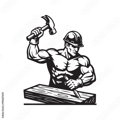 Industrial worker silhouette using a hammer and chisel, male craftsman or carpenter wearing a safety helmet, manual labor vector illustration isolated on white background.
