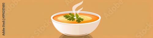 A vector icon of a steaming hot bowl of soup with fresh herbs, displayed on a solid background.