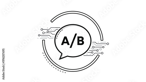 Concept icon for A B testing featuring text inside a speech bubble surrounded by circular tech lines and circuit board patterns.