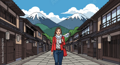 Woman walking through a quaint Japanese street with snow-capped mountains in the background - vector illustration