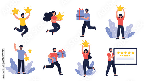 Collection of people celebrating with golden stars and gift boxes to represent customer satisfaction and positive product reviews.