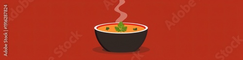 A vector icon of a steaming hot bowl of soup with fresh herbs, displayed on a solid background.