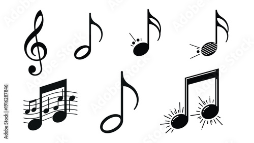Assorted black musical notes and symbols including treble clefs, quavers, and staff lines for song composition and performance.