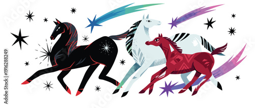Three Stylized Celestial Horses Galloping Through the Galaxy with Shooting Stars and Comets Modern Mythical Vector Illustration Isolated on White Background