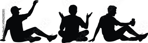 Young men sitting silhouette set talking, relaxing and using smartphone isolated on white background casual lifestyle concept