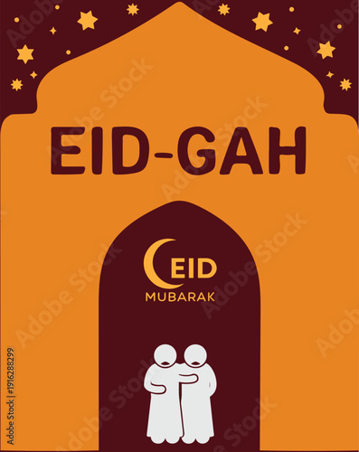 Vector illustration of an Eid-Gah gate with crescent moon and stars, featuring two people in doorway, Eid Mubarak text