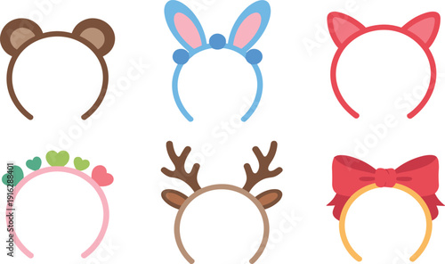 Cute animal ear headband collection, bunny cat bear reindeer hair accessories, colorful flat vector party illustration