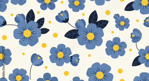 Vector floral pattern with blue flowers and yellow centers on cream background