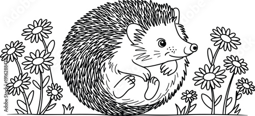 Hedgehog curled up in field of daisies line art cute animal illustration