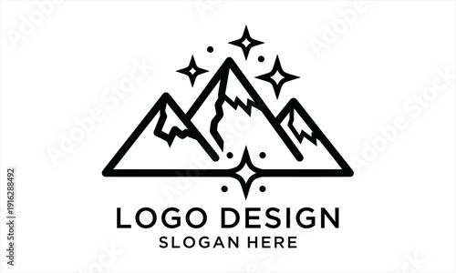 Minimalist Mountain Range Logo with Sparkling Stars Design.