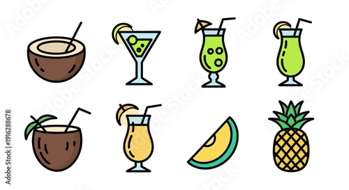 Assorted tropical cocktails and fruits illustrated in a clean and simple graphic style