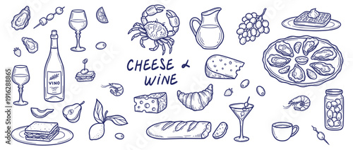 Mediterranean Cheese and Wine Vector Illustration Set with Seafood Bakery and Fruit Elements for Gourmet Menu Design Isolated on White Background PNG