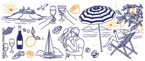 Mediterranean Summer Beach Vacation Vector Set with Romantic Couple Sailing Boat Lemon Branch and Coastal Lifestyle Elements Isolated on White Background