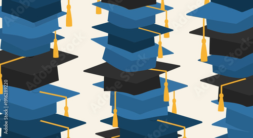 Graduation Caps Stacked Seamless Pattern Blue and Black