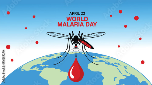 World Malaria Day April 25 awareness illustration with mosquito and blood drop over globe flat vector design for global health campaign
