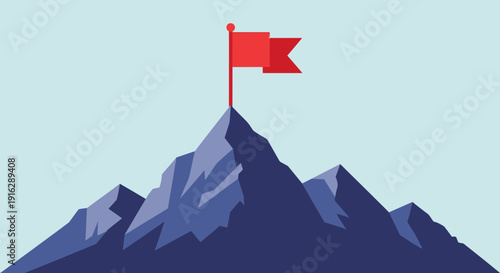 Red flag on mountain peak, symbolizing success and achievement