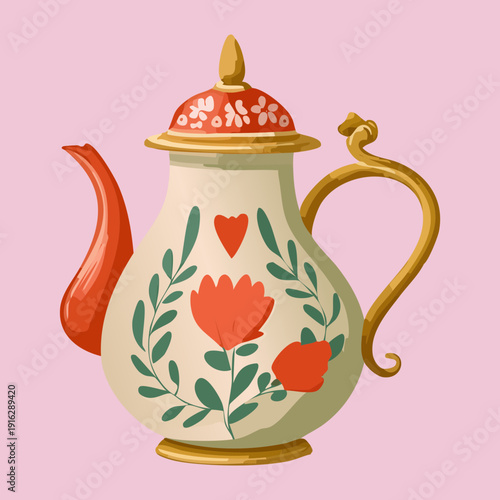 Cute teapot with intricate red flowers and green foliage patterns on cream colored base for tea lovers - Vector Illustration