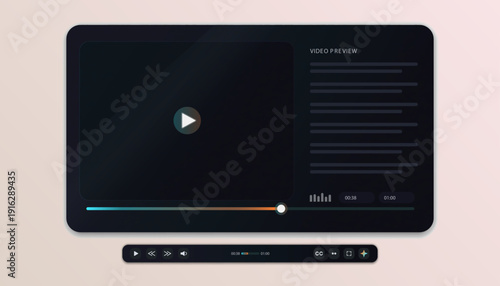 Dark video player interface mockup with play button, timeline slider and control bar, plus info panel on the right in premium minimal style.