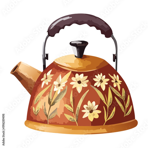 Copper style teapot with autumn flower illustrations and golden handle for seasonal kitchen decoration and hot tea - Vector Illustration