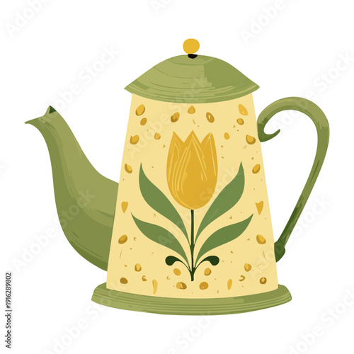 Beige teapot decorated with a yellow tulip for neutral kitchen style and cozy afternoon tea with friends - Vector Illustration