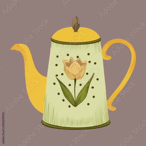 Bronze teapot featuring a single yellow tulip flower for classic kitchen decoration and traditional tea serving - Vector Illustration