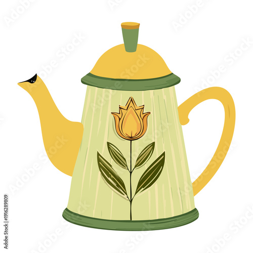 Pale green teapot with a yellow tulip design for soft kitchen aesthetic and daily herbal tea brewing - Vector Illustration