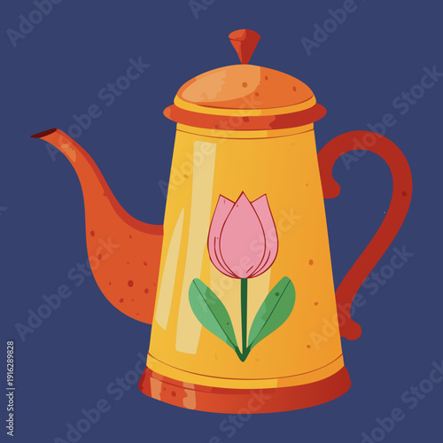 Dark blue teapot with a pink tulip flower for bold kitchen decor and warm evening tea brewing - Vector Illustration