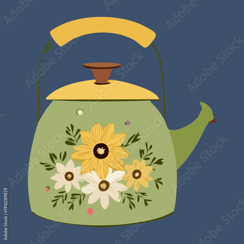 Dark teal teapot with white and yellow floral patterns for elegant kitchen style and afternoon tea service - Vector Illustration