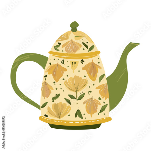 Decorative yellow teapot with white floral illustrations for cheerful kitchen atmosphere and warm beverage serving - Vector Illustration