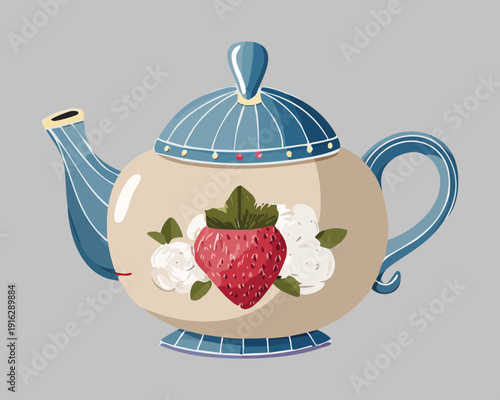 Blue teapot with strawberry motif and white flower for berry tea lovers and fresh kitchen style - Vector Illustration