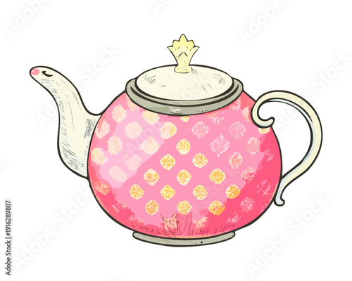 Pastel pink teapot featuring golden stars and white accents for dreamy kitchen decor and sweet tea time - Vector Illustration