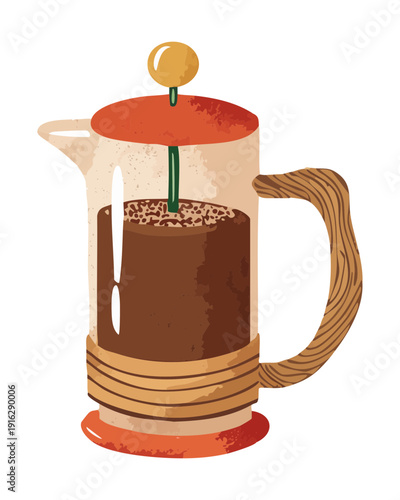 Classic French press with rich coffee for elegant breakfast service and fresh morning caffeine kick for adults - Vector Illustration