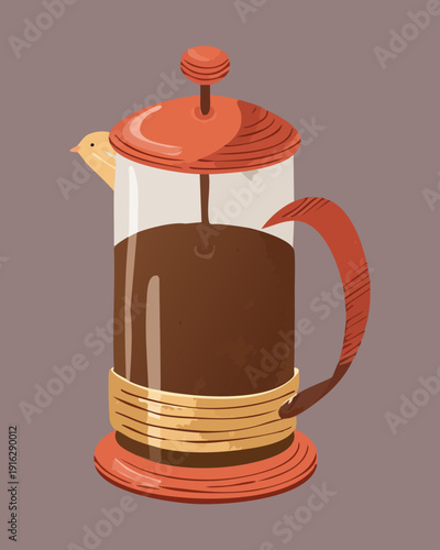 French press coffee maker with dark coffee for fresh morning brewing and traditional kitchen breakfast service rituals - Vector Illustration