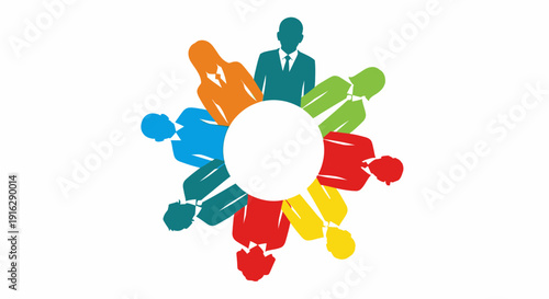 Diverse team meeting around a circle with blank space for text