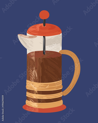 Glass French press coffee maker for stylish breakfast service and fresh brewing experience in a modern kitchen - Vector Illustration