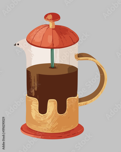 Modern French press coffee brewer for contemporary kitchen style and fresh morning beverage serving with friends - Vector Illustration