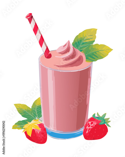 Pink strawberry smoothie with fresh fruit and green leaves for healthy summer drink and refreshing snack time - Vector Illustration