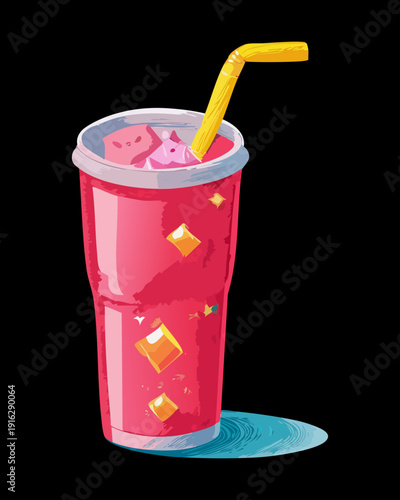Tall glass of red iced beverage with straw for summer refreshment and healthy fruit drink for kids - Vector Illustration
