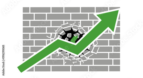 Green arrow breaking through brick wall, business growth concept