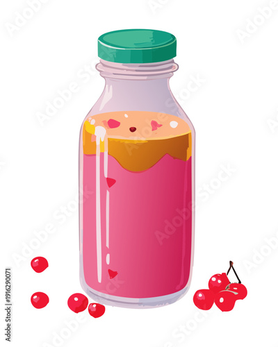 Bottle of fresh red berry juice with small fruits for healthy hydration and organic drink on the go - Vector Illustration