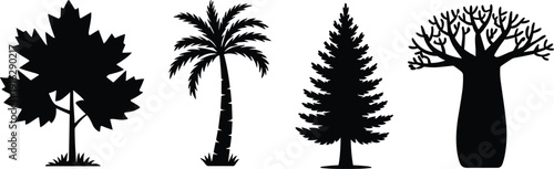 Tree silhouette set, palm pine baobab maple, nature plant collection, forest botanical clipart, isolated design, flat vector illustration