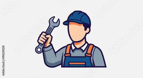 Mechanic holding wrench, cartoon style icon