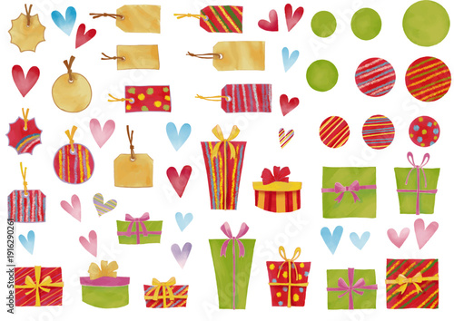 水彩風　赤と黄緑のギフトボックス（リボン付き）とハートとタグフレームセット Happy Series:Watercolor red and yellow-green gift box (with ribbon), heart, and tag frame set