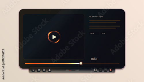Dark video player interface with neon ring play button and gradient frame. Futuristic streaming dashboard templates with sidebar details and timeline controls.