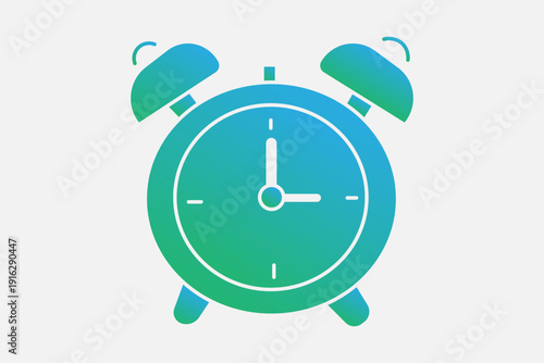 The clock face shows hands at approximately 3:00, with two bells on top and small legs at the bottom.