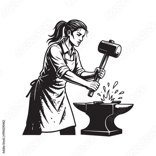 Female blacksmith silhouette forging metal on an anvil with sparks flying, industrial woman worker vector illustration isolated on white.
