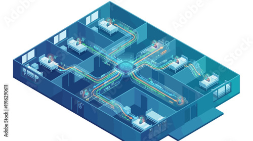Isometric Cloud Security and Email Automation: Robotic Arms Filtering Data on Conveyor Belt