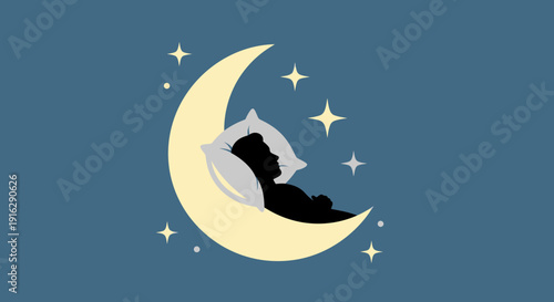 Person Sleeping on Crescent Moon with Stars