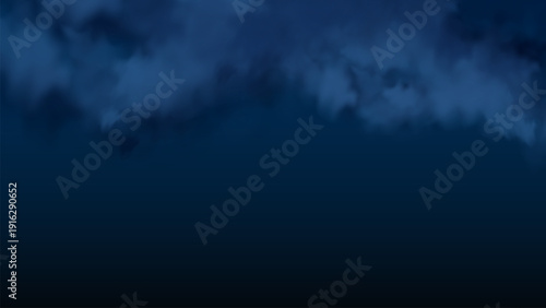 Dark navy blue winter sky with deep blue clouds and soft celestial glow. Dreamy, smoky atmosphere with starlit galaxy mood. Elegant horizontal background for holiday cards, banners, luxury and night t