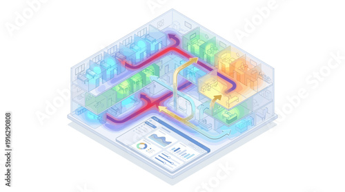 Isometric Cloud Security and Email Automation: Robotic Arms Filtering Data on Conveyor Belt